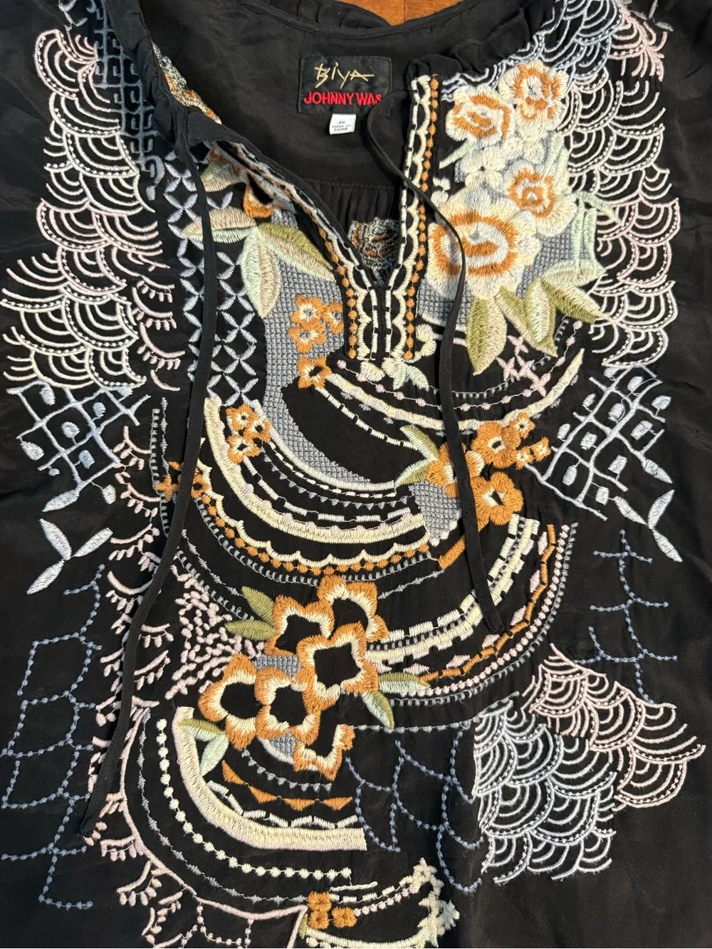 Johnny Was 2X Bassett Embroidered Silk Blouse Black Boho Peasant Top